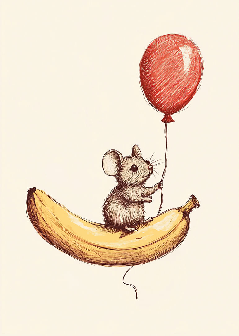 Un șoarece plutește cu un balon deasupra unei banane.-12