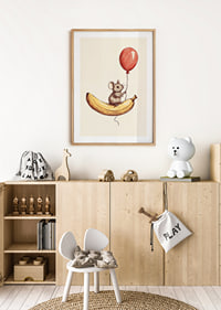 A mouse floats with a balloon above a banana.-8