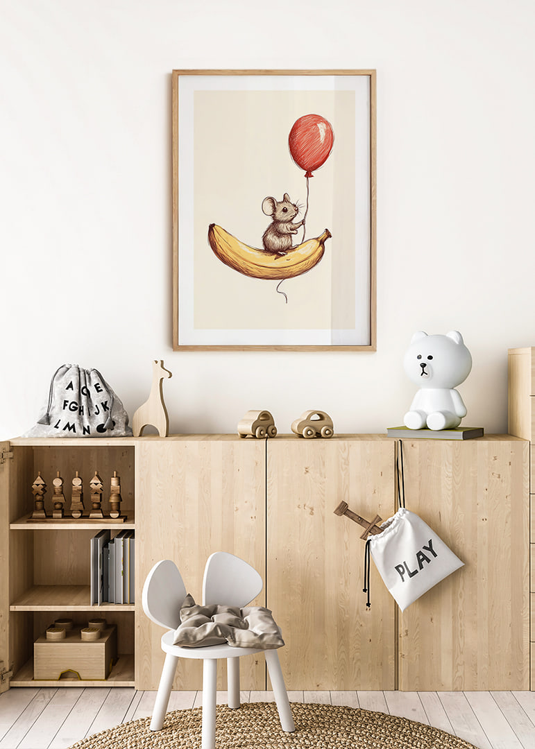 A mouse floats with a balloon above a banana.-12