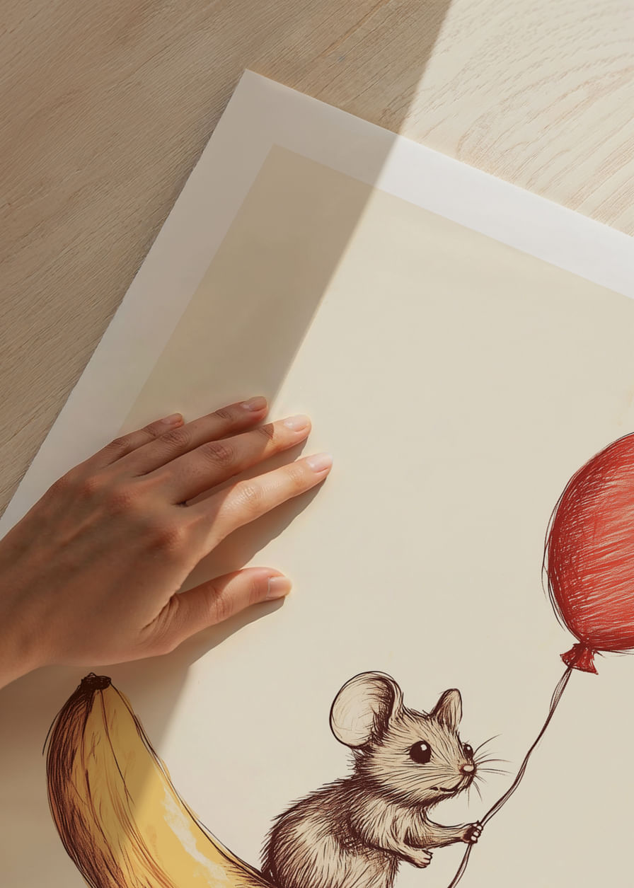 Un șoarece plutește cu un balon deasupra unei banane.-12
