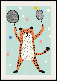 Ondeugende cheeta in vrolijk kleurenspel speelt met rackets.-2