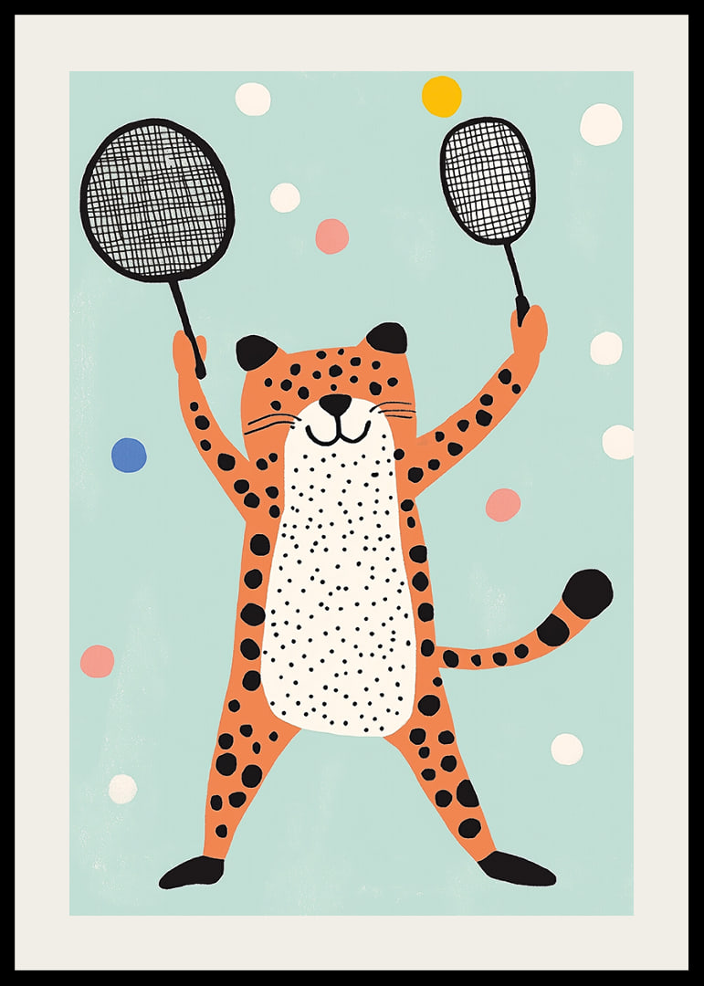 Ondeugende cheeta in vrolijk kleurenspel speelt met rackets.-12