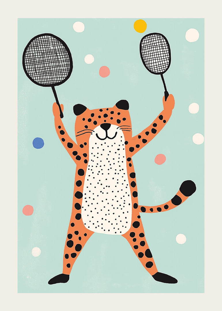 Ondeugende cheeta in vrolijk kleurenspel speelt met rackets.-12