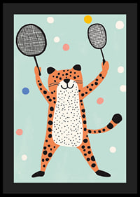 Ondeugende cheeta in vrolijk kleurenspel speelt met rackets.-4
