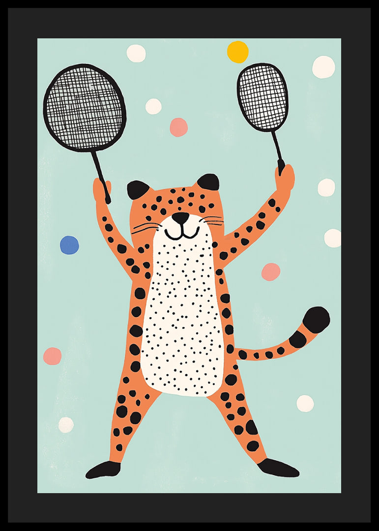 Ondeugende cheeta in vrolijk kleurenspel speelt met rackets.-12