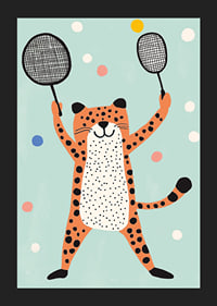 Ondeugende cheeta in vrolijk kleurenspel speelt met rackets.-5