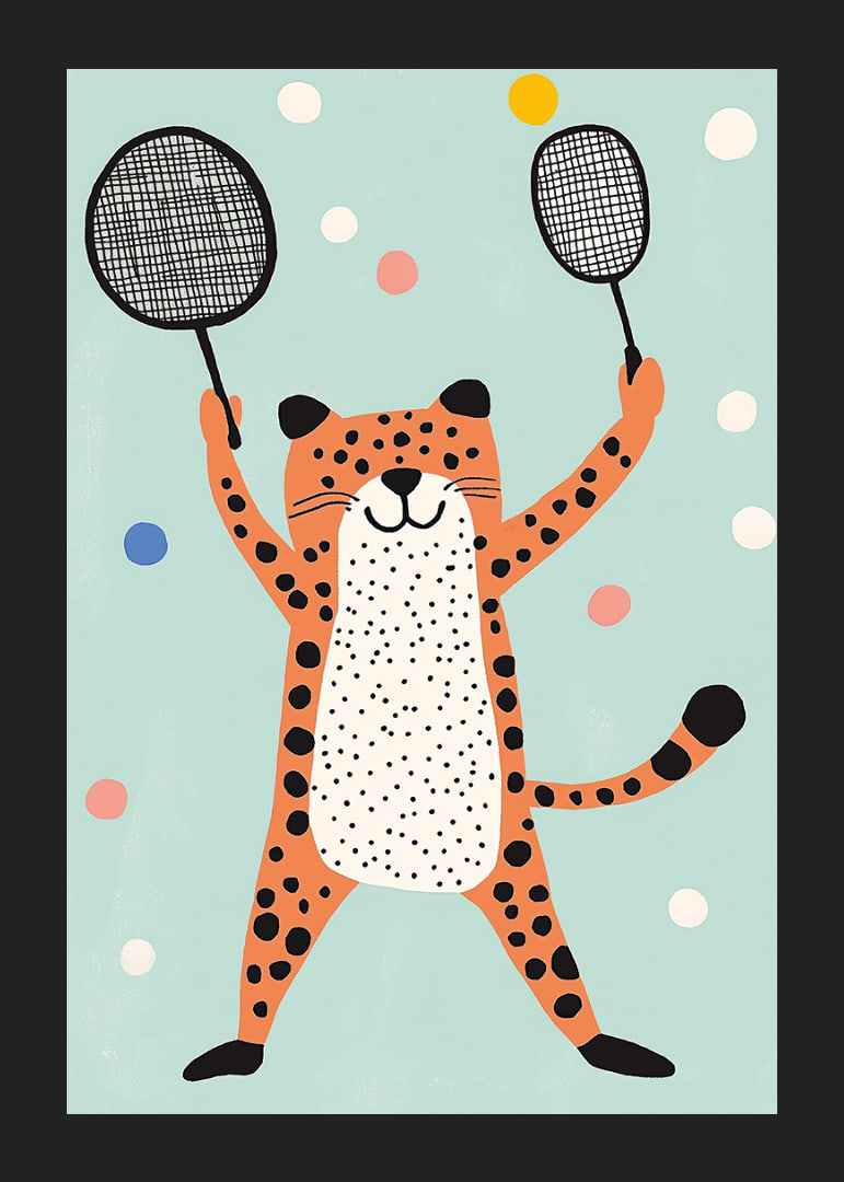 Ondeugende cheeta in vrolijk kleurenspel speelt met rackets.-12