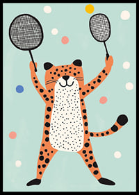 Ondeugende cheeta in vrolijk kleurenspel speelt met rackets.-6
