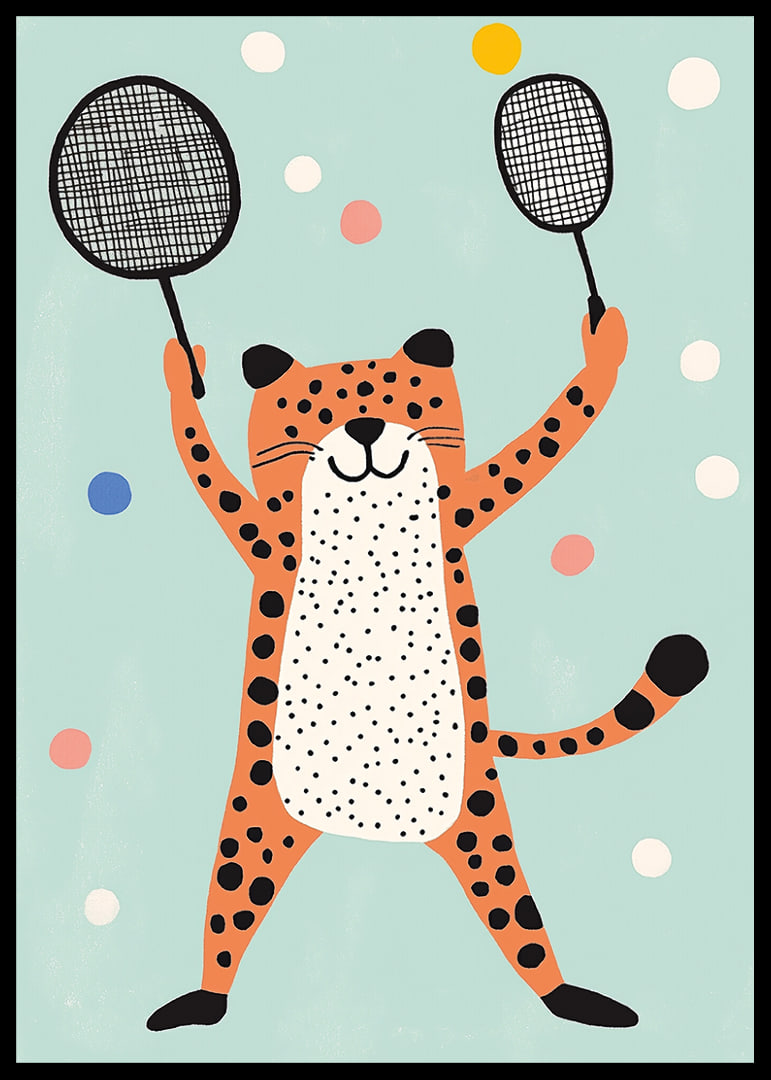 Ondeugende cheeta in vrolijk kleurenspel speelt met rackets.-12