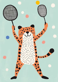 Ondeugende cheeta in vrolijk kleurenspel speelt met rackets.-3