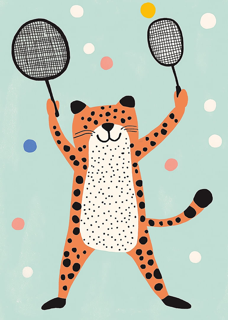 Ondeugende cheeta in vrolijk kleurenspel speelt met rackets.-12