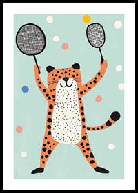 Ondeugende cheeta in vrolijk kleurenspel speelt met rackets.-0
