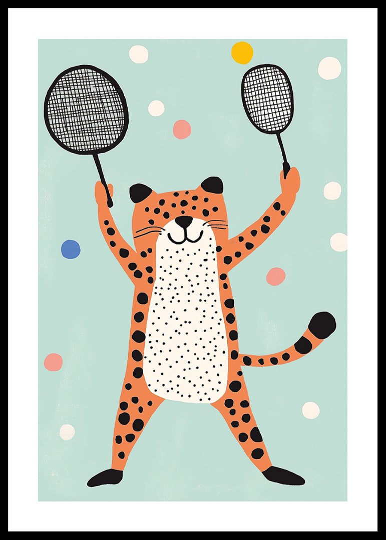 Ondeugende cheeta in vrolijk kleurenspel speelt met rackets.-12
