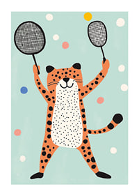 Ondeugende cheeta in vrolijk kleurenspel speelt met rackets.-1