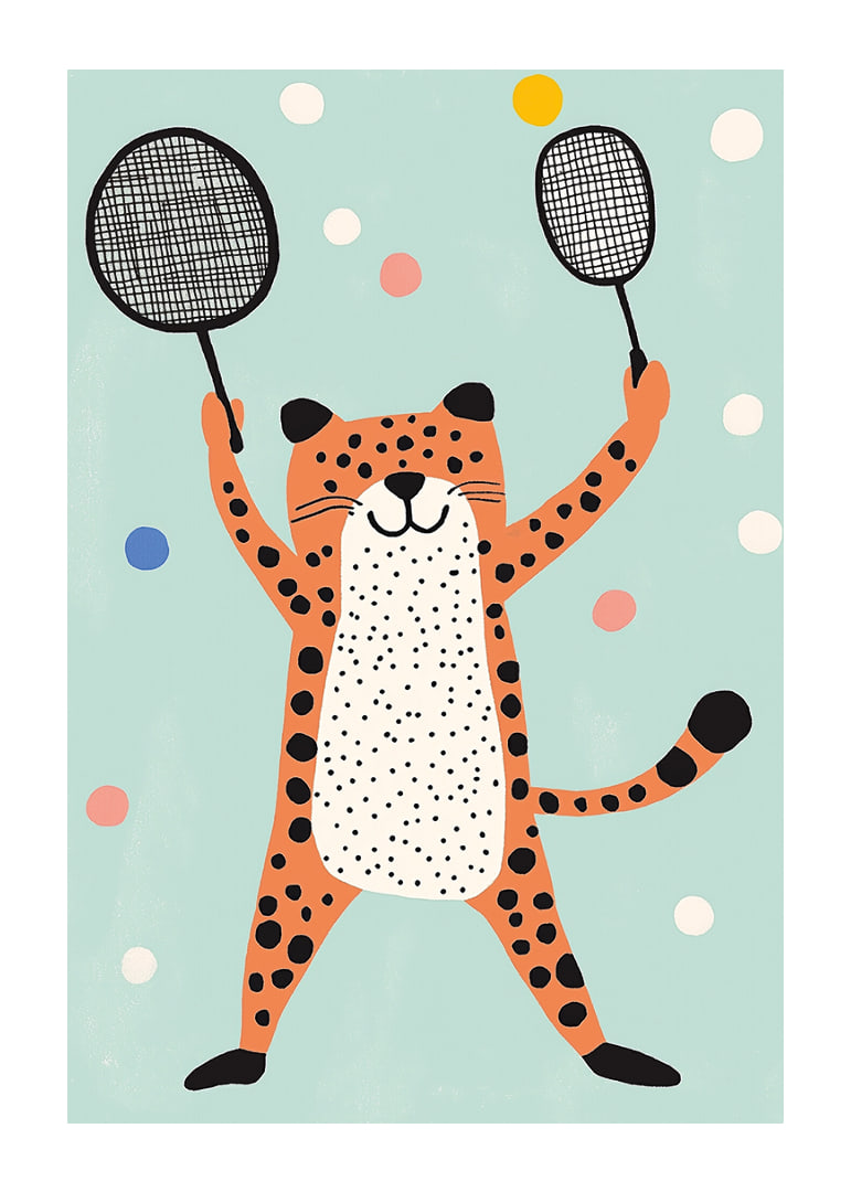 Ondeugende cheeta in vrolijk kleurenspel speelt met rackets.-12