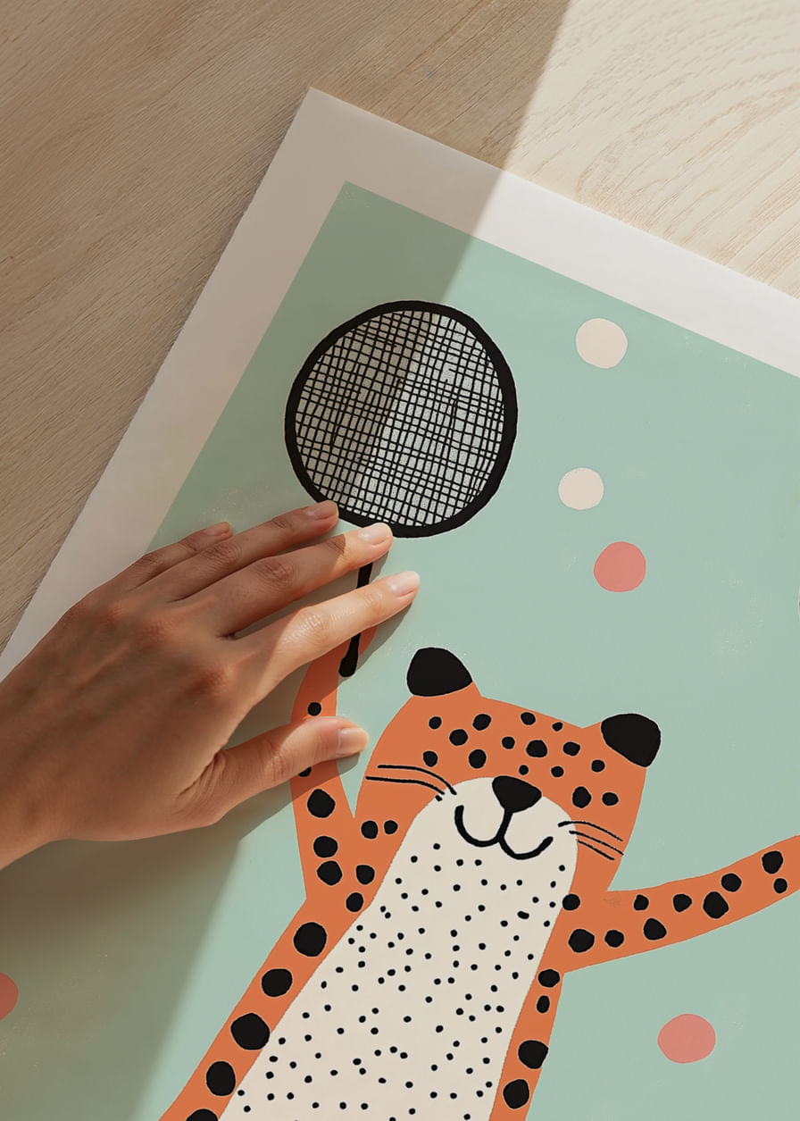 Ondeugende cheeta in vrolijk kleurenspel speelt met rackets.-12