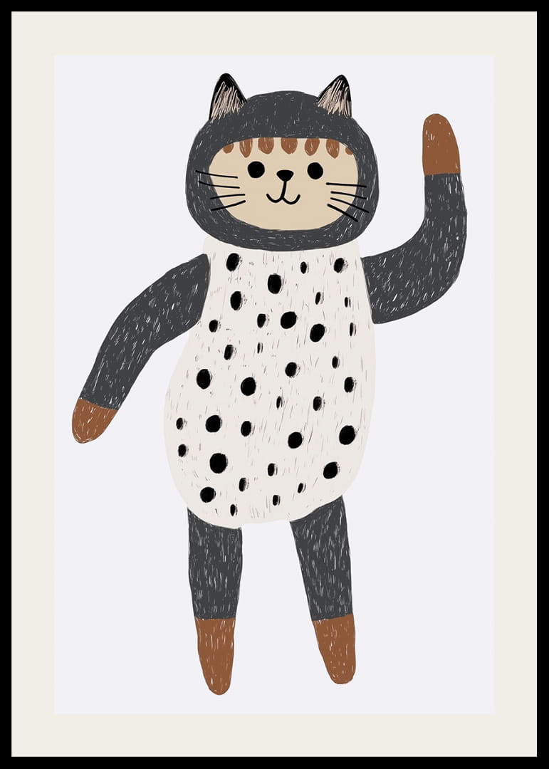 Pisică fermecătoare în costum cu buline care flutură fericită.-12