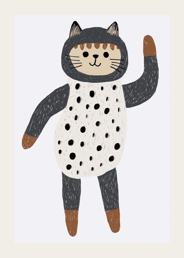 Pisică fermecătoare în costum cu buline care flutură fericită.-12