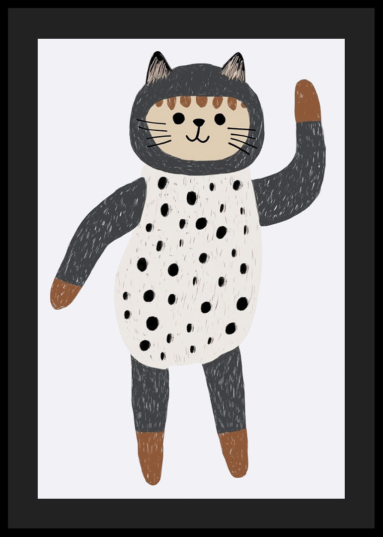 Pisică fermecătoare în costum cu buline care flutură fericită.-12