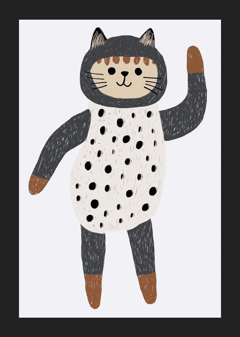 Pisică fermecătoare în costum cu buline care flutură fericită.-12