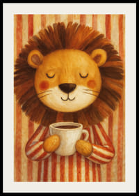 Un lion souriant avec une tasse de café répand le calme et la chaleur.-2