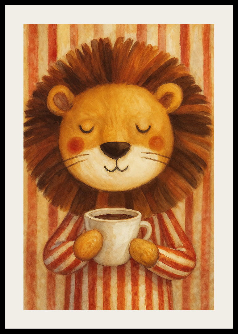 Un lion souriant avec une tasse de café répand le calme et la chaleur.-12