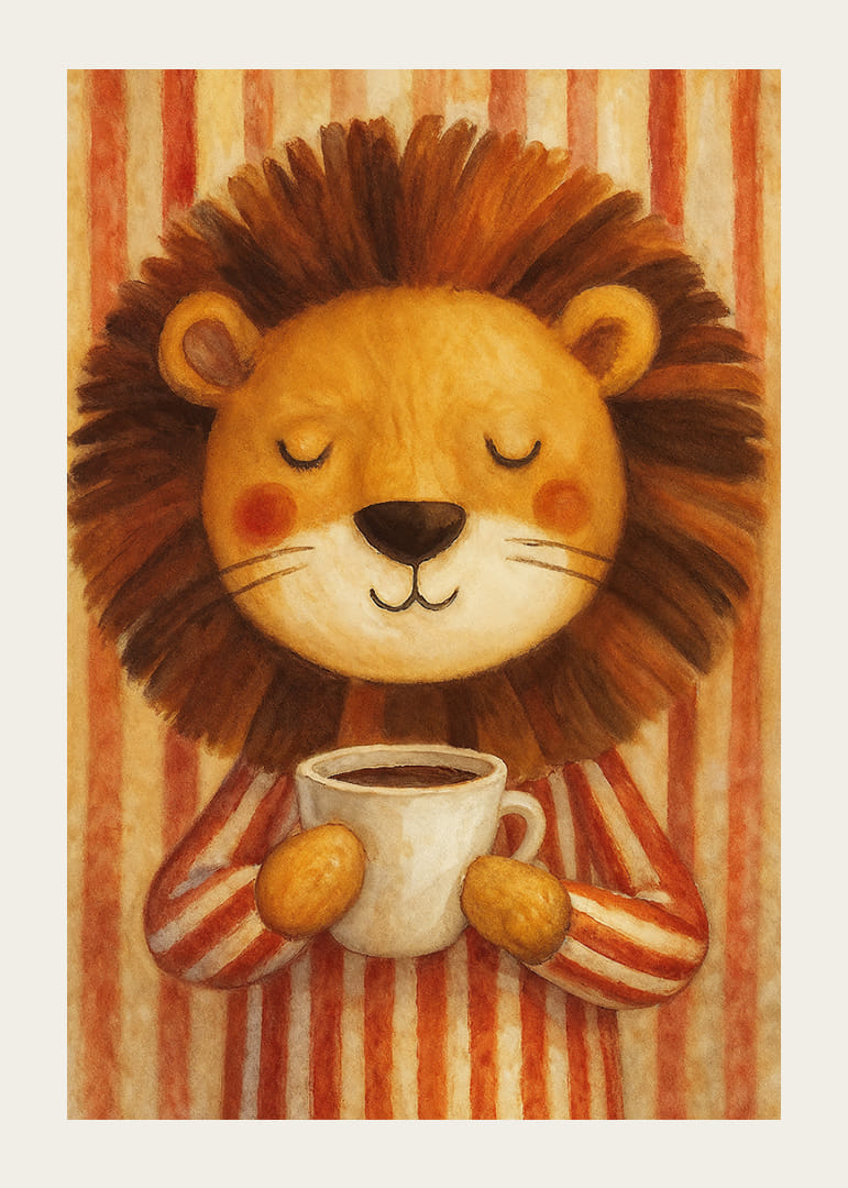 Un lion souriant avec une tasse de café répand le calme et la chaleur.-12