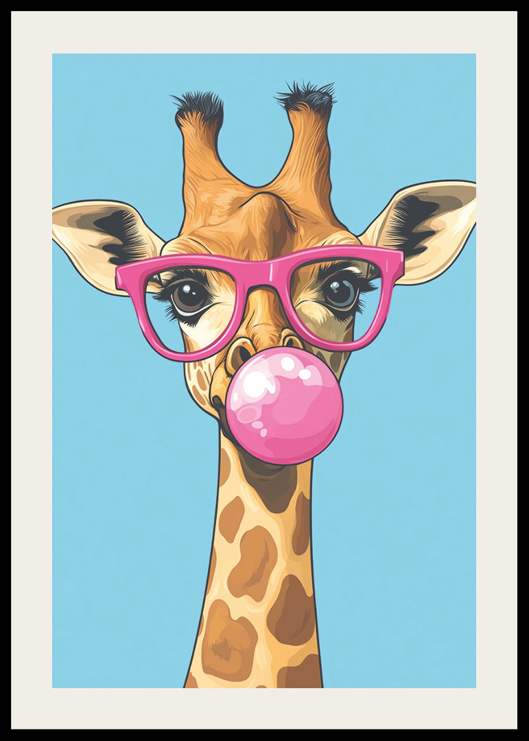 Giraffen med rosa glasögon och tuggummibubbla sprider glädje.-12