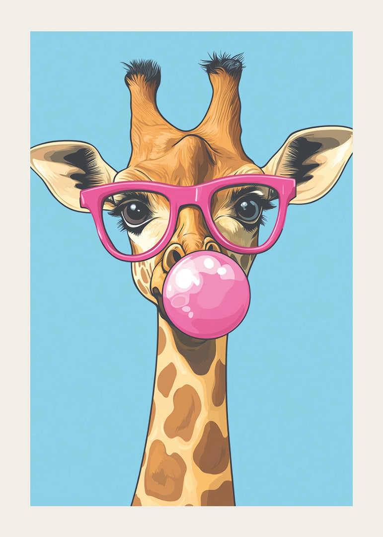 Giraffen med rosa glasögon och tuggummibubbla sprider glädje.-12