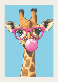 Giraffen med rosa glasögon och tuggummibubbla sprider glädje.-3