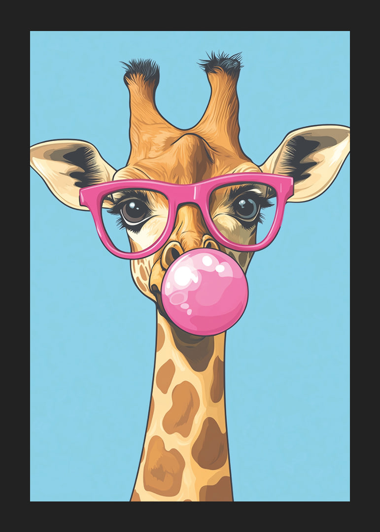 Giraffen med rosa glasögon och tuggummibubbla sprider glädje.-12