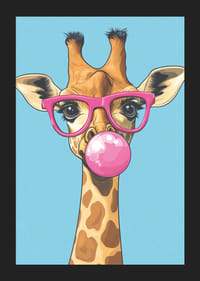 Giraffen med rosa glasögon och tuggummibubbla sprider glädje.-5