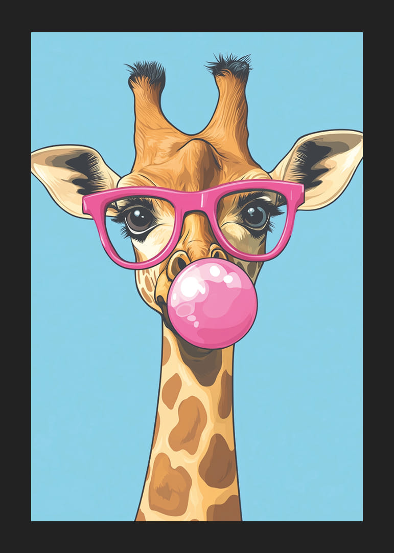 Giraffen med rosa glasögon och tuggummibubbla sprider glädje.-12