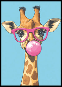 Giraffen med rosa glasögon och tuggummibubbla sprider glädje.-6