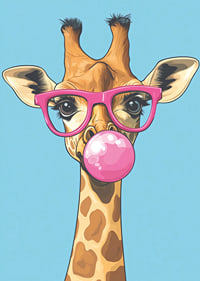 Giraffen med rosa glasögon och tuggummibubbla sprider glädje.-7