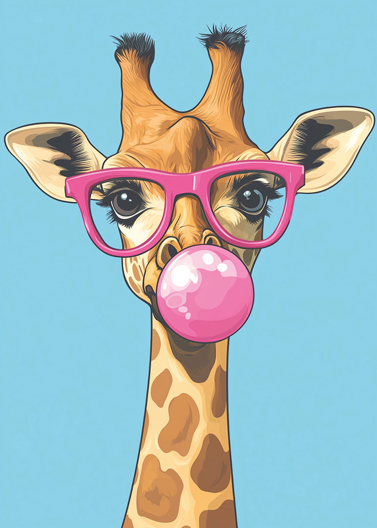 Giraffen med rosa glasögon och tuggummibubbla sprider glädje.-12