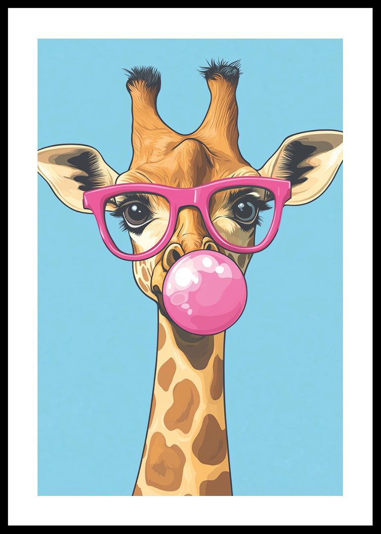 Giraffen med rosa glasögon och tuggummibubbla sprider glädje.-12