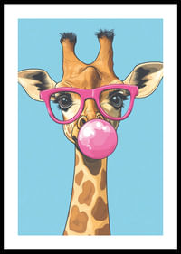 De giraffe met de roze bril en de kauwgombel verspreidt vreugde.-0