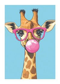 Giraffen med rosa glasögon och tuggummibubbla sprider glädje.-1