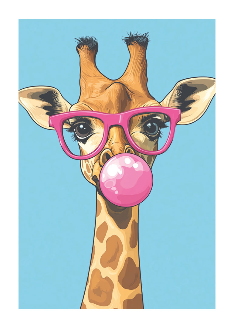 Giraffen med rosa glasögon och tuggummibubbla sprider glädje.-12