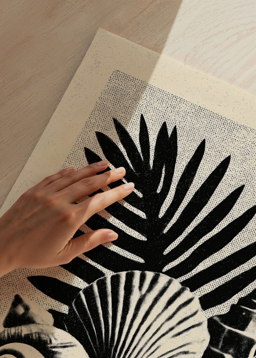 Stijlvolle, door de oceaan geïnspireerde poster met schelpen en palmbladeren.-12