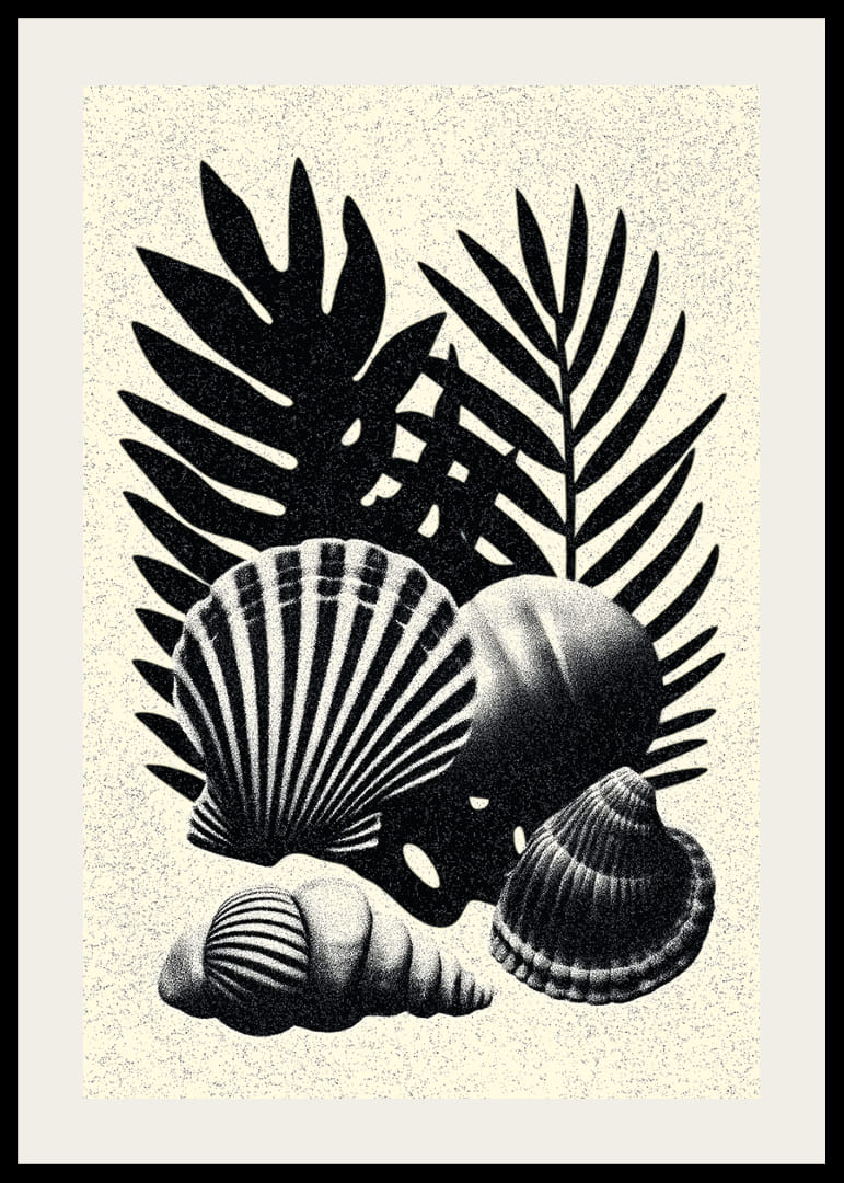 Elegáns kontrasztban álló fekete-fehér kagylók és pálmalevelek.-12