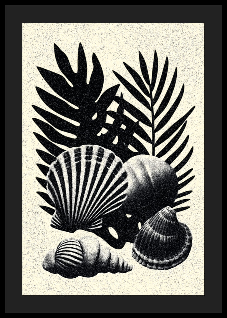 Elegáns kontrasztban álló fekete-fehér kagylók és pálmalevelek.-12