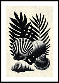 Coquillages et feuilles de palmier noirs et blancs dans un contraste élégant.-0