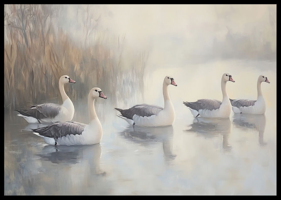 Five white swans glide gracefully on the mirror-like lake.-12