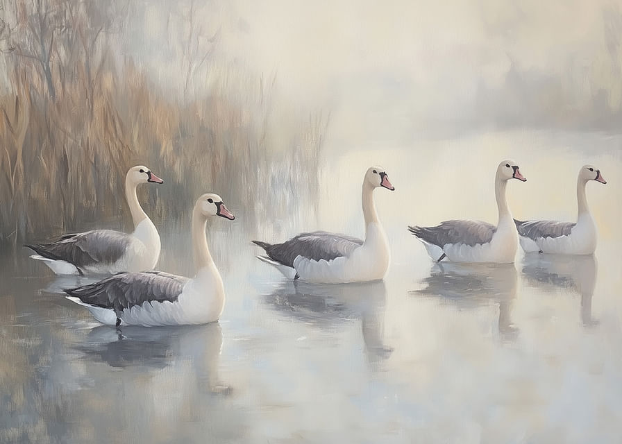 Five white swans glide gracefully on the mirror-like lake.-12
