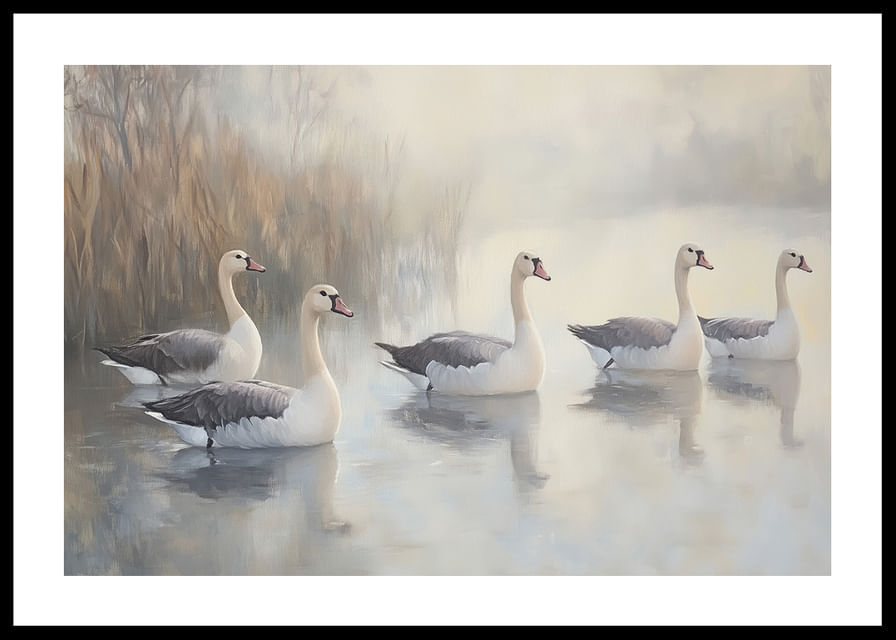 Five white swans glide gracefully on the mirror-like lake.-12