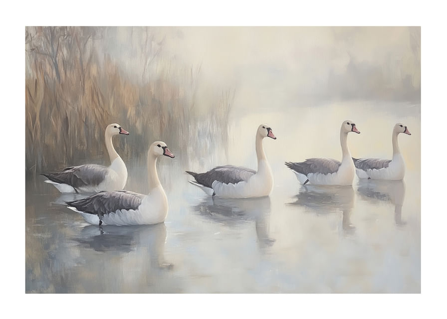 Five white swans glide gracefully on the mirror-like lake.-12