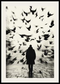 A man surrounded by flying birds in black and white creates mystery.-2