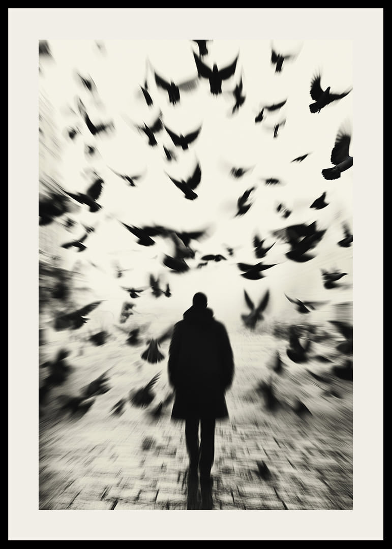 A man surrounded by flying birds in black and white creates mystery.-12